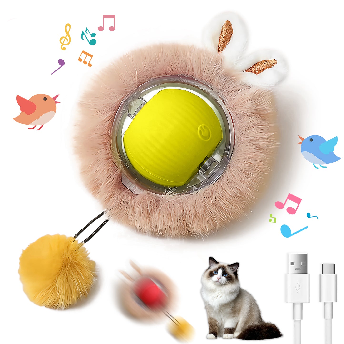 Interactive Cat and Dog Chase Toy Ball with Lights, Fluffy Tail & Bunny Ears