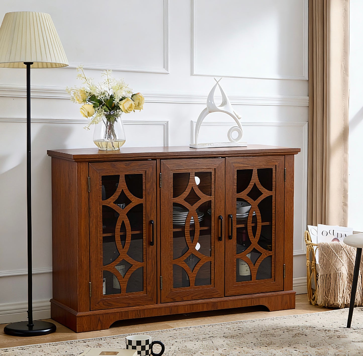 48.66 X 15.55 34.06in Spacious Size Sideboard 3 Clear Tempered Glass