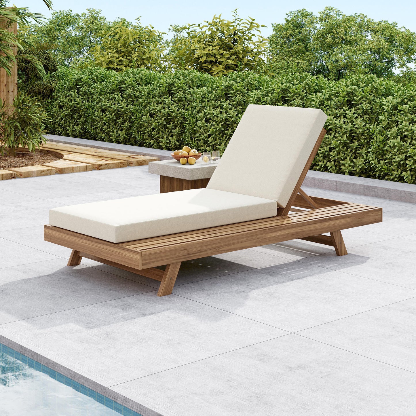 Acacia Wood Lounge Chaise Set with Water-Resistant Cushions - Cream