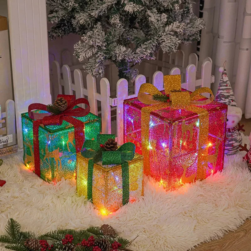Lighted Christmas Gift Boxes Set of 3 with Remote & Bow Decor - Indoor Outdoor Holiday Decor