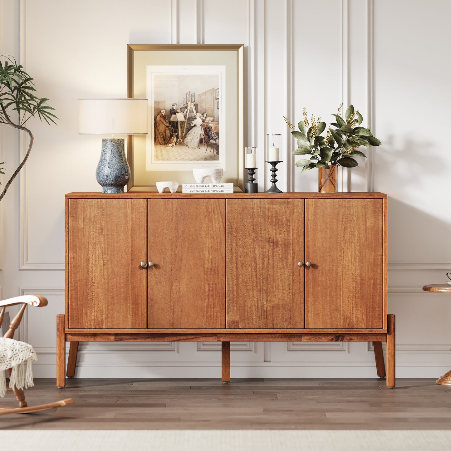 Vintage Sideboard Buffet Cabinet, 56.8 W X 18 D 34.2 H, 4-Door