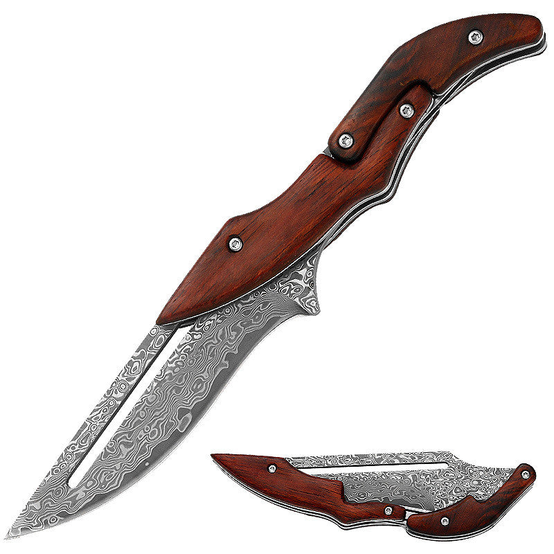 Portable Folding Camping Knife with Damascus Steel Blade and Wood Handle