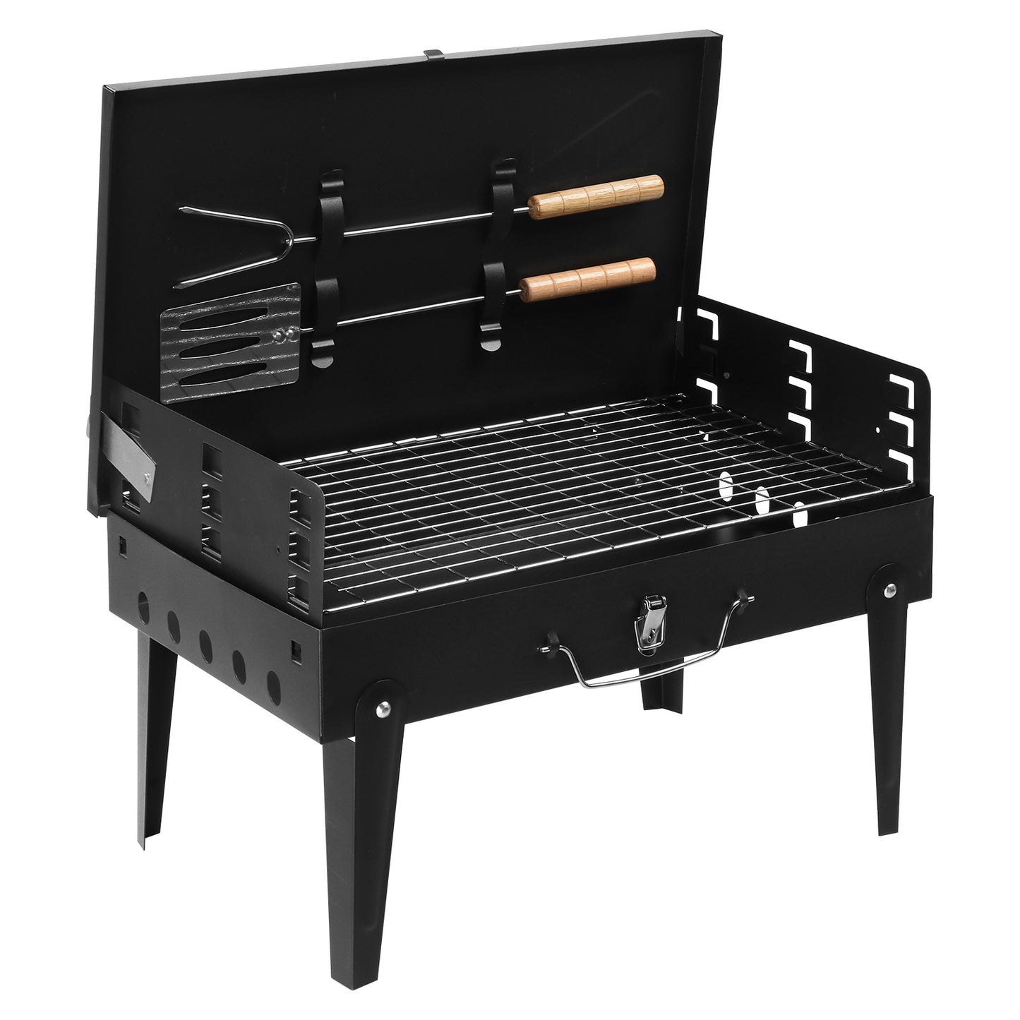 Portable Square Charcoal Grill with Adjustable Height - Black