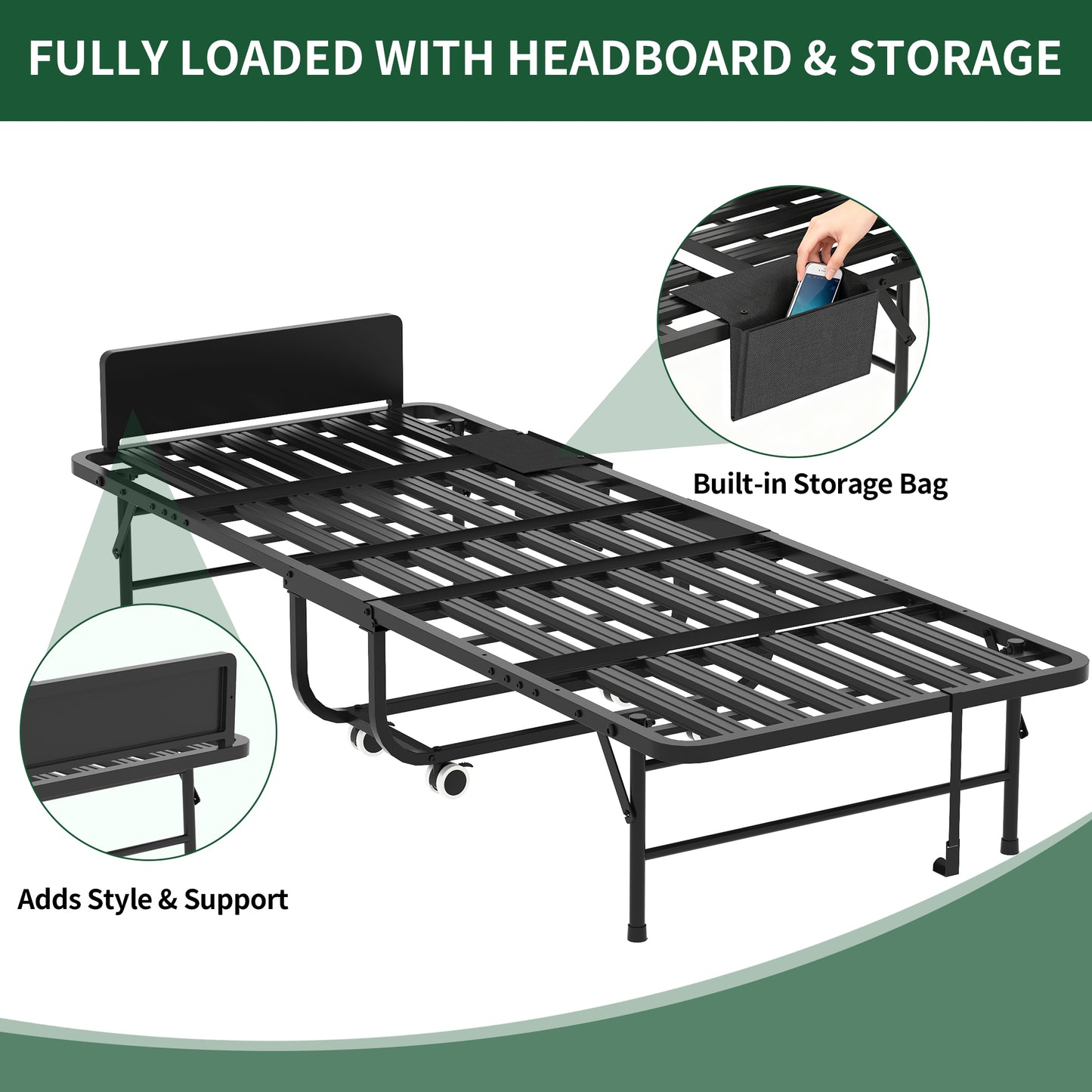 75" Folding Bed with Adjustable Headboard & 5" Memory Foam - Black