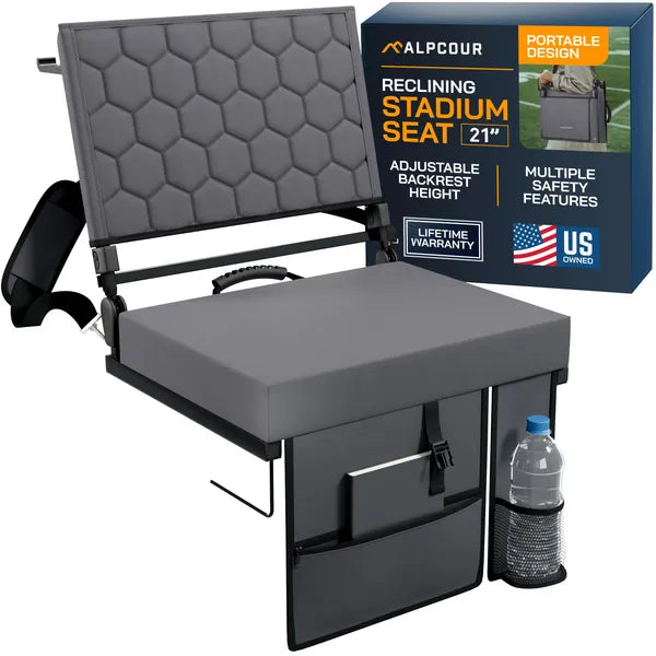 Folding Reclining Stadium Seat with Back Support - Grey