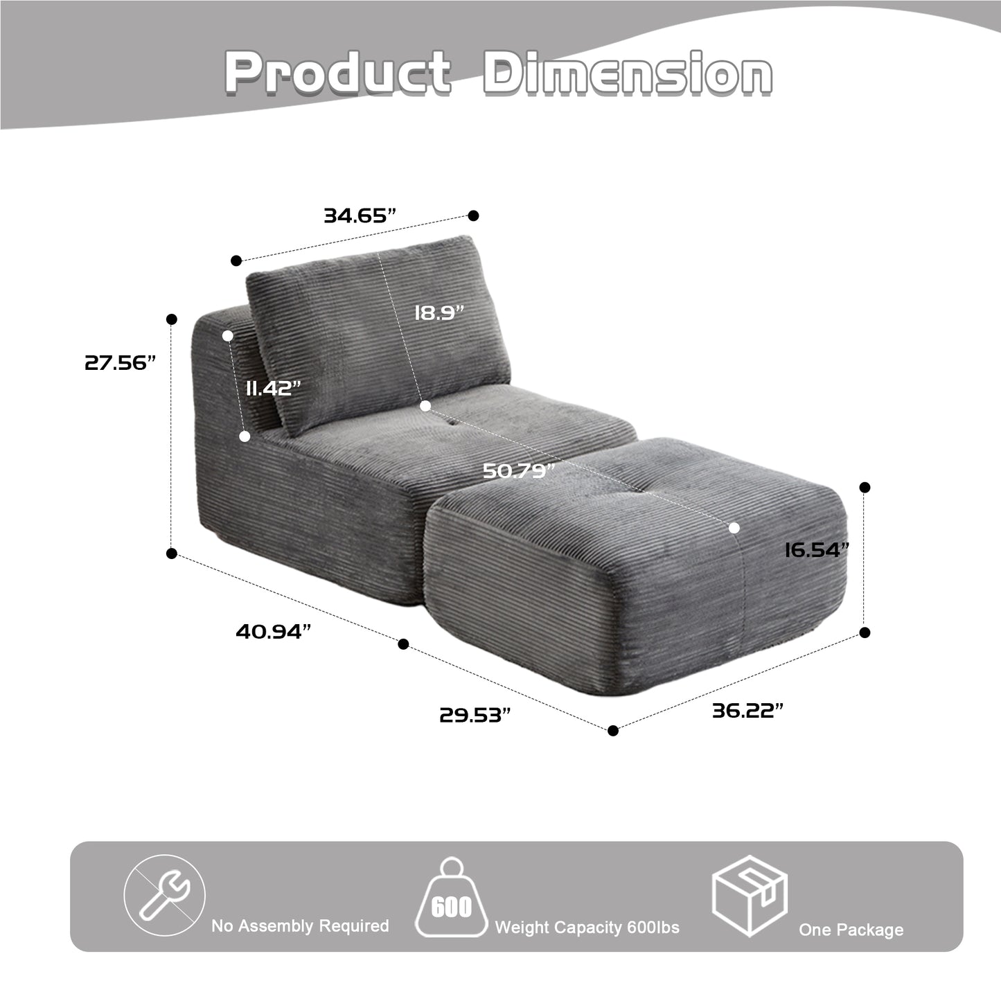 Modern Memory Foam Chaise Sofa - Pet-Friendly Modular Design, Grey