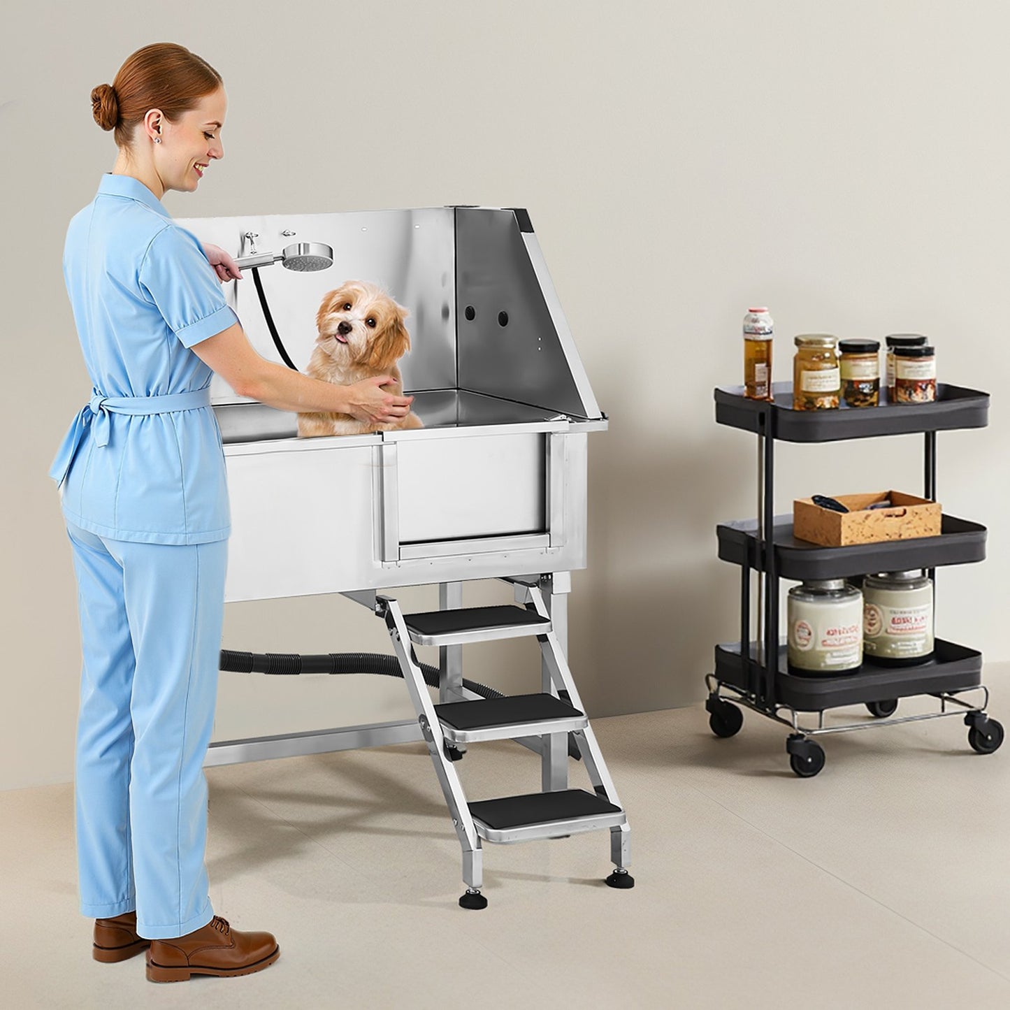Stainless Steel Dog Grooming Bath Tub with Stairs & Showerhead