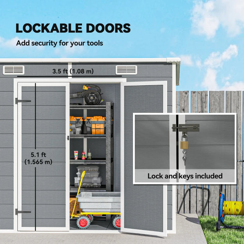 Outdoor Storage Shed with Floor, Lockable Double Doors, Window & Vents - Gray