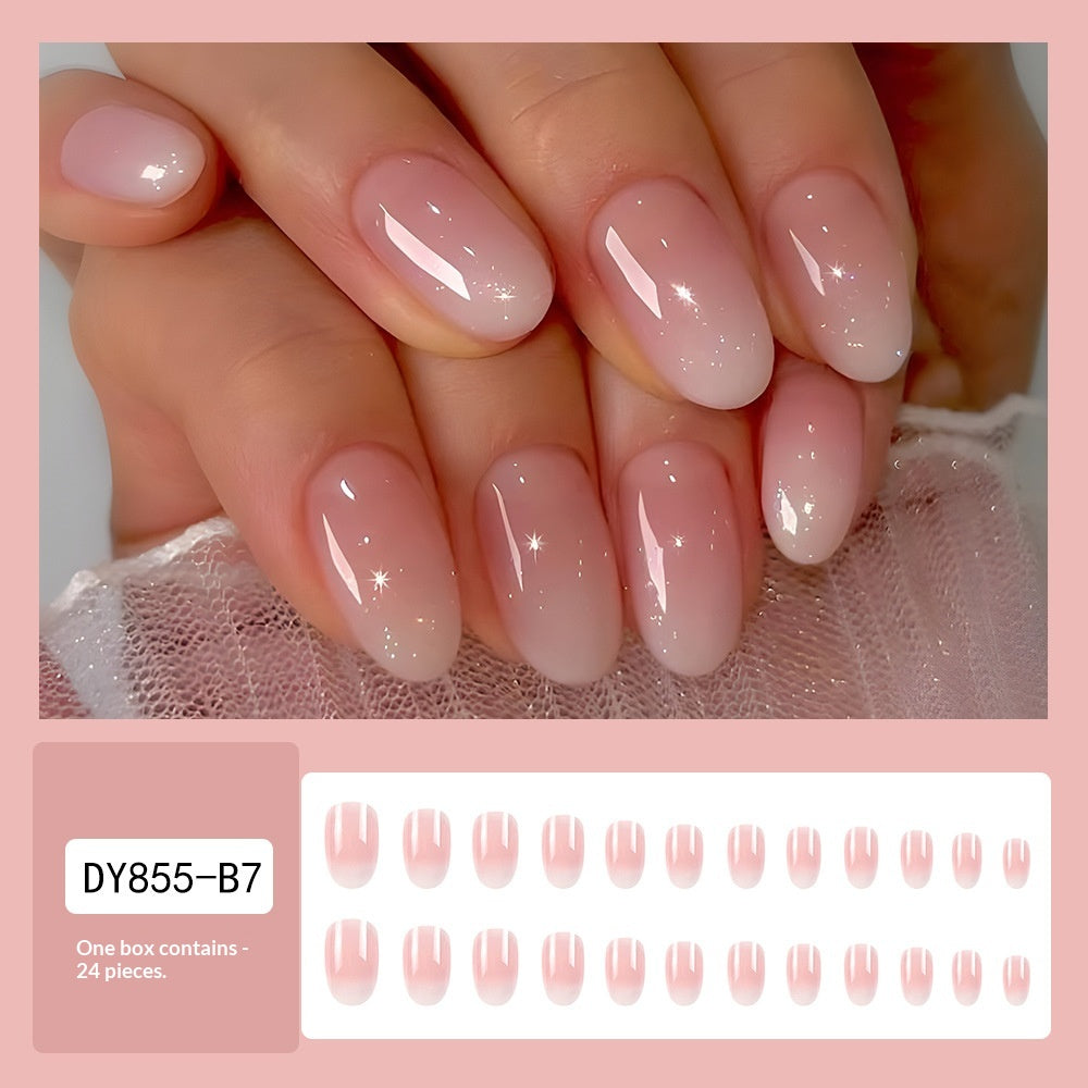 24-Piece Short Oval Press-On Nails Set - Soft Pink White Ombre, Long-Lasting Fake Nail Art Kit for Women & Girls