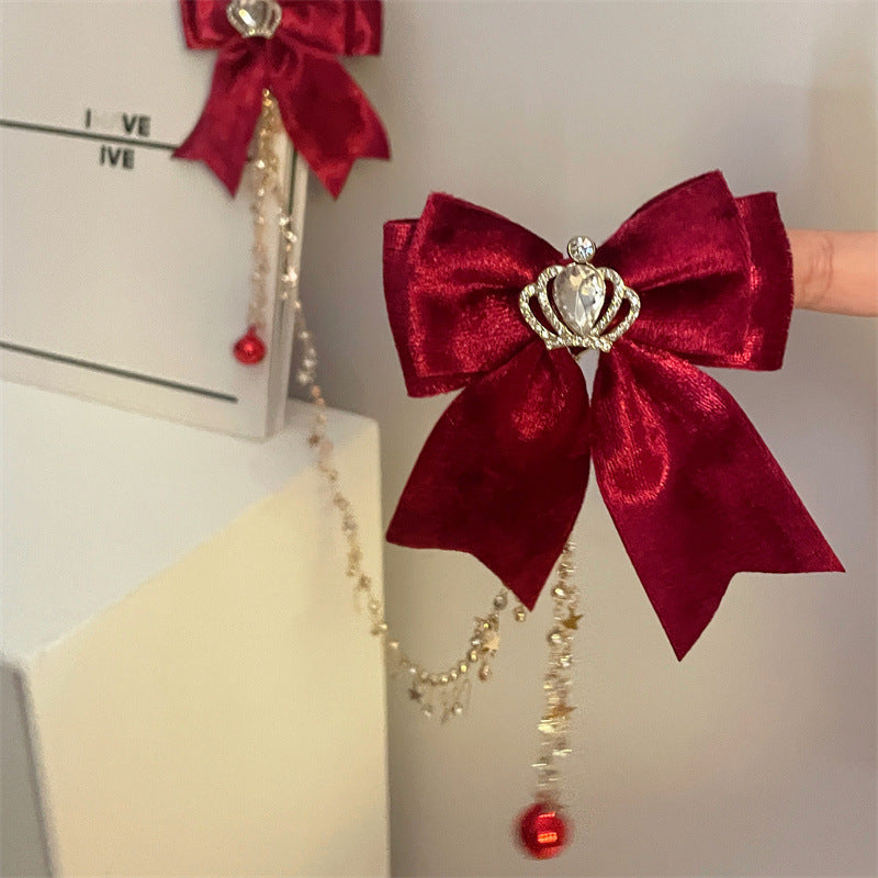Red Bell Crown Bow Tassel Hair Clip for Women - Handmade Accessory