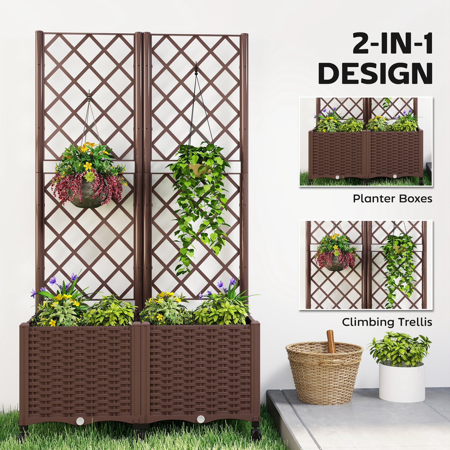 Self Watering Raised Garden Bed with Trellis and Lockable Wheels Brown 510x610mm