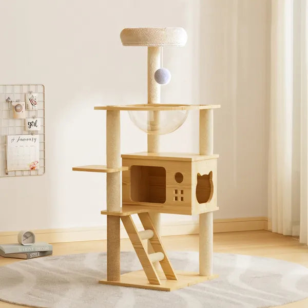 48.8-Inch Modern Wooden Cat Tree Tower with Scratching Posts & Hammock