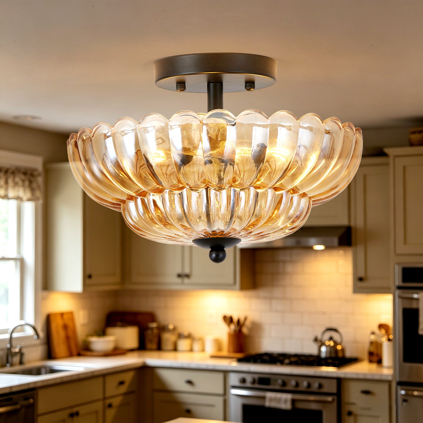 Amber Glass Ceiling Light Fixture for Living Room & Bedroom - 3 Bulb Modern Flush Mount