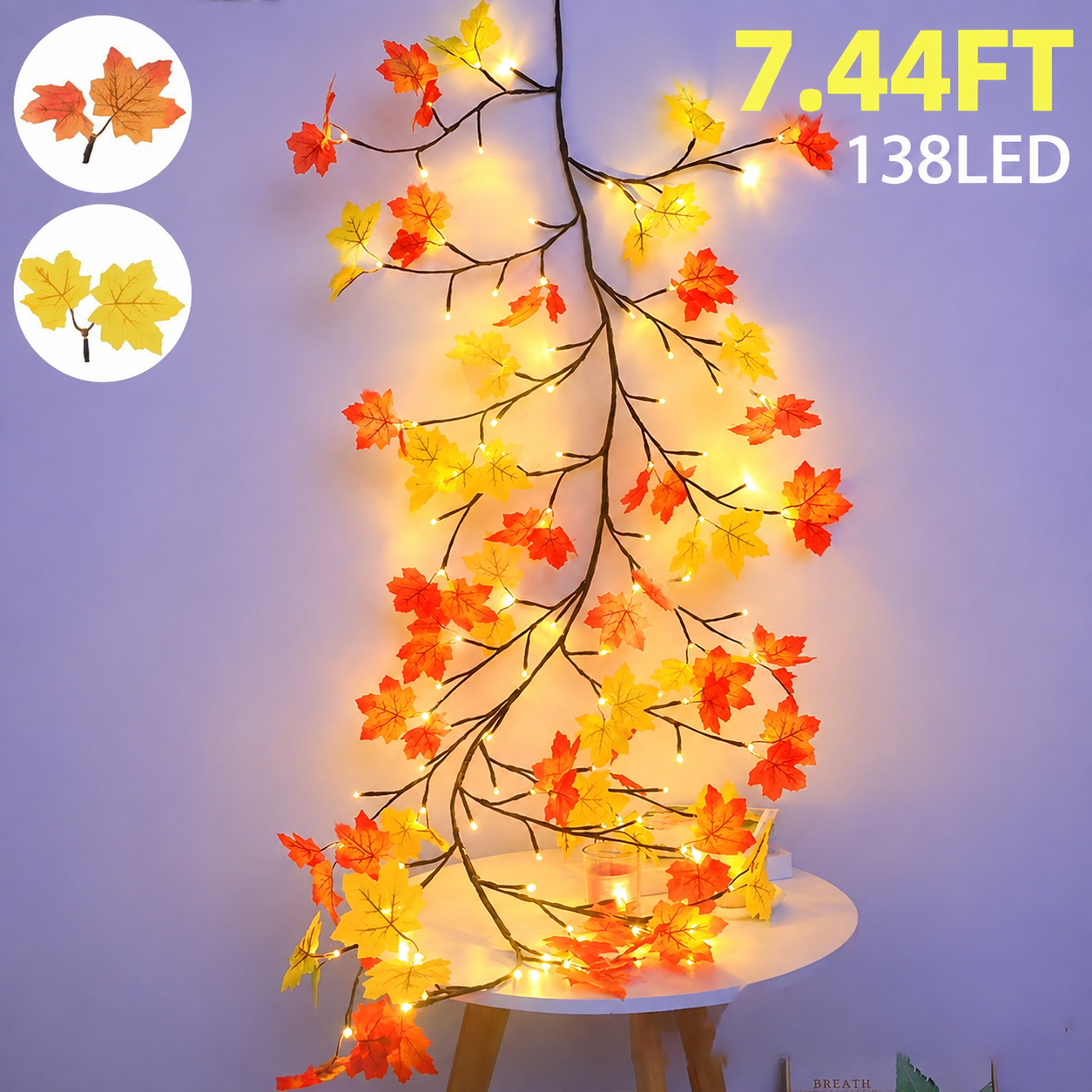 Maple Leaf LED Tree Branch String Lights with Remote - Indoor Wall Decor, 138LED & 8 Modes