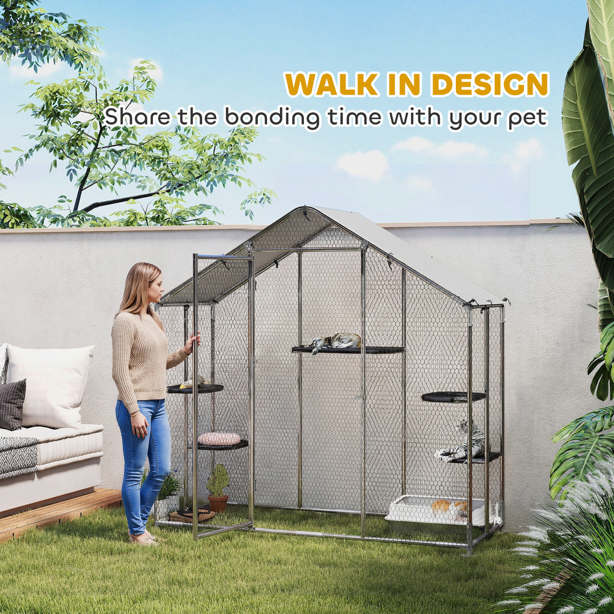 Large Outdoor Cat Enclosure with Waterproof Cover, Walk-In Design & Adjustable Platforms