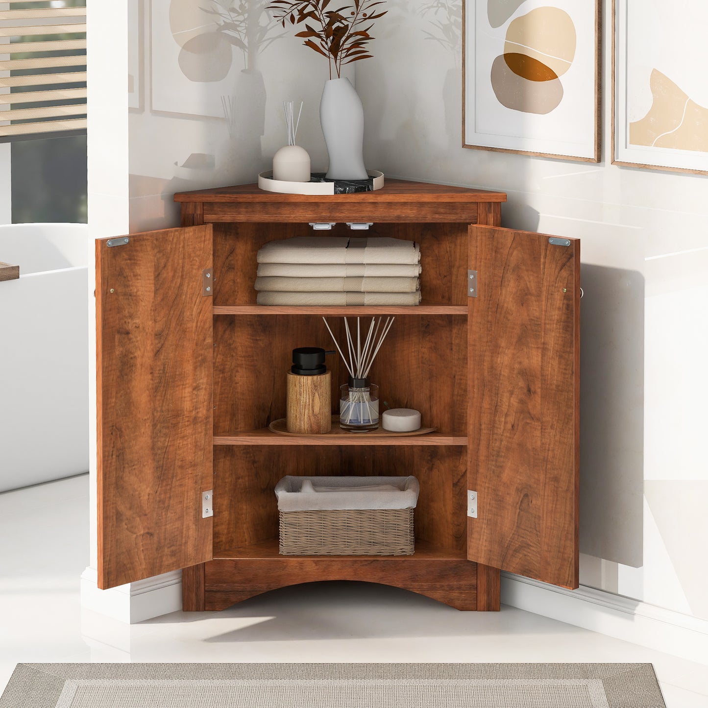 Brown Triangle Bathroom Storage Cabinet with Adjustable Shelves