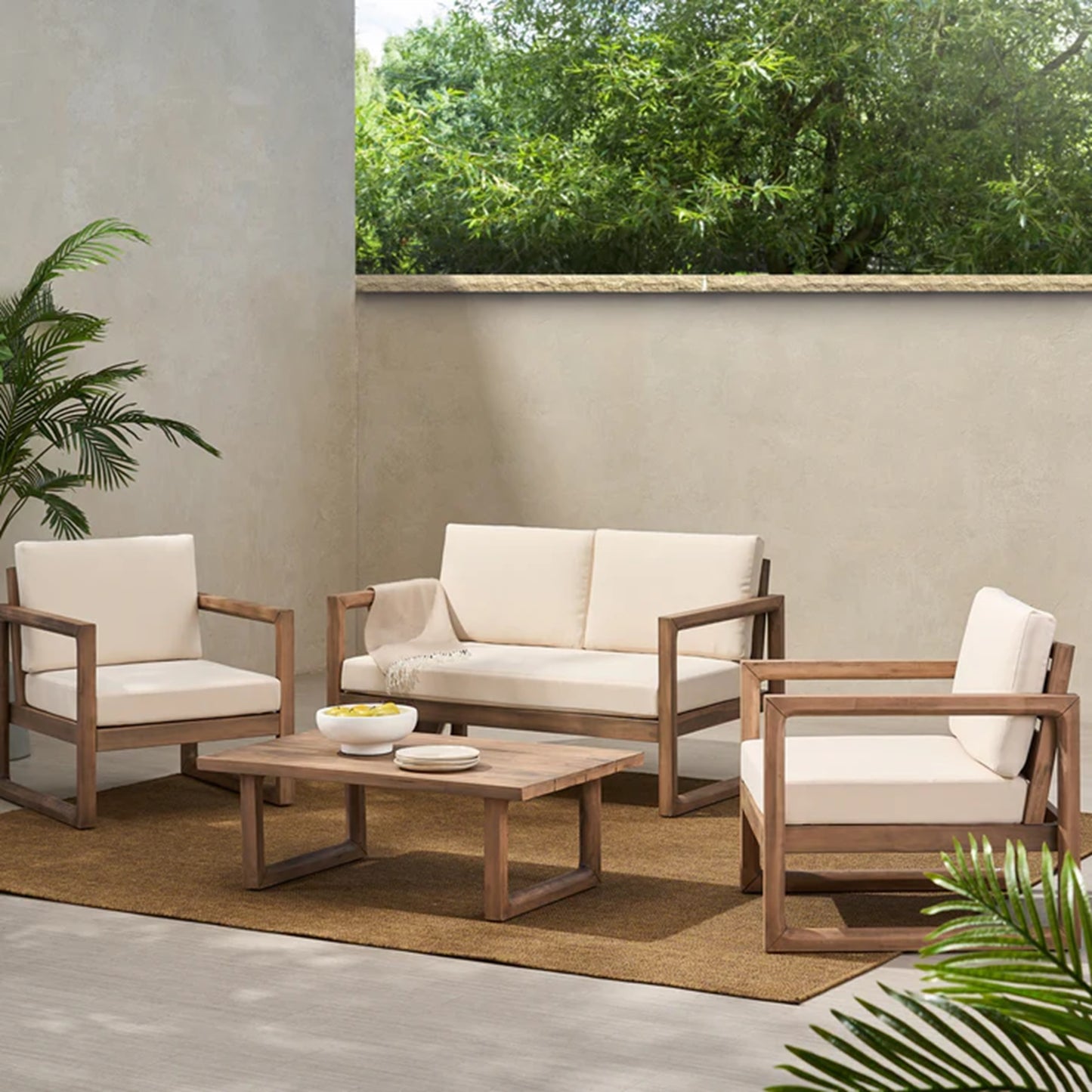 4-Pieces Acacia Wood Patio Furniture Set, Outdoor With Coffee Table,