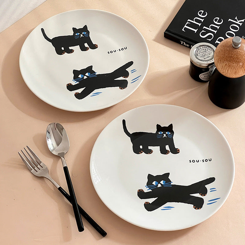 Black Cat Ceramic Dinner Plate 8-inch Salad Dish for Kitchen & Dining