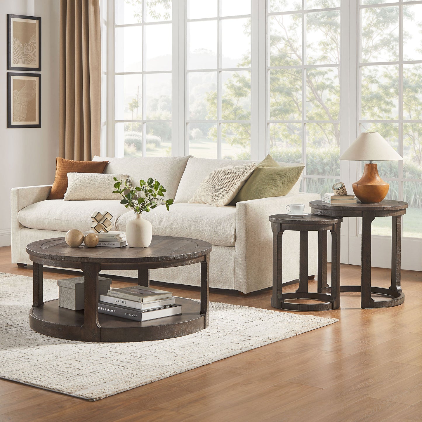 24-Inch 2-Piece Curved Round Coffee Table Set - Dark Brown