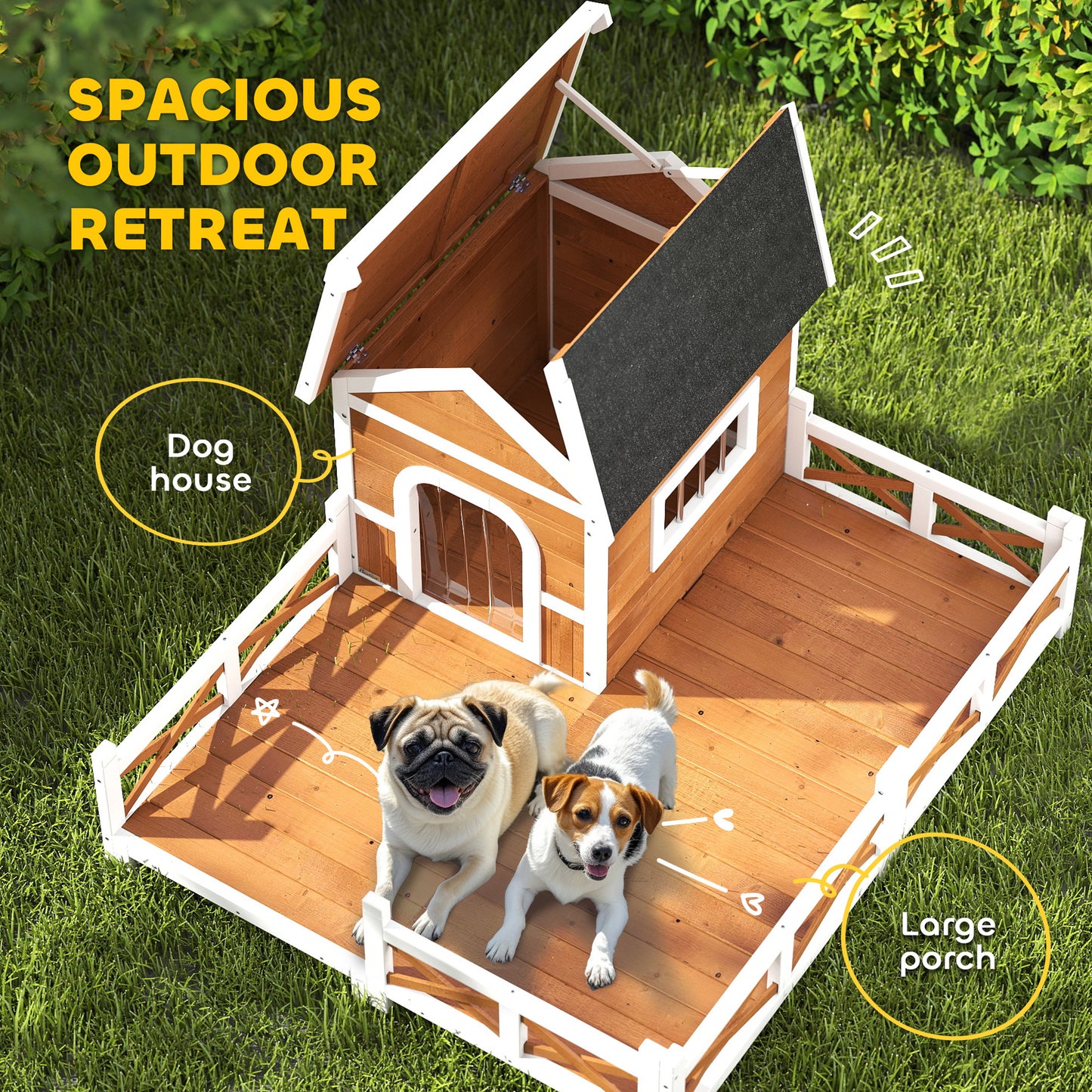 Outdoor Wooden Dog House with Porch, Weatherproof Roof & Removable Floor