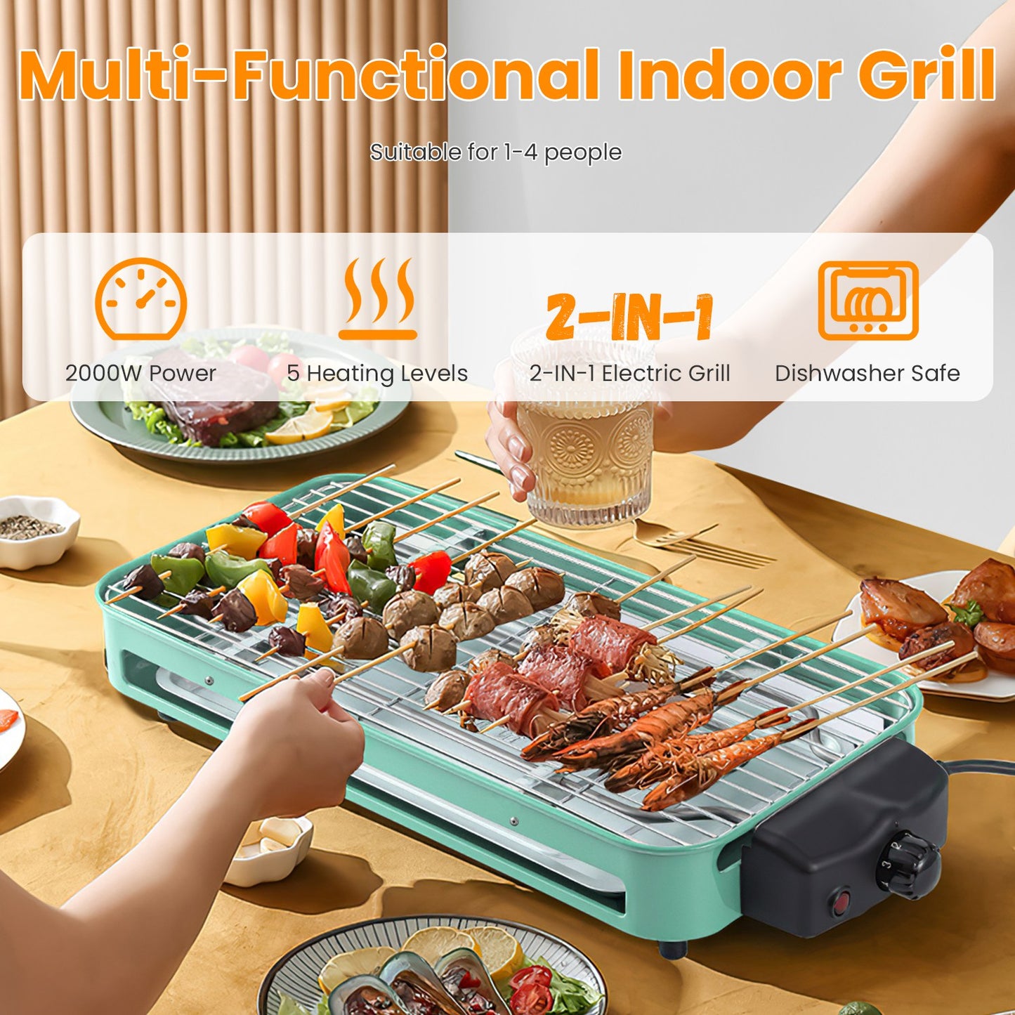 2000W Electric Indoor Grill - 2-in-1 BBQ & Baking Tray