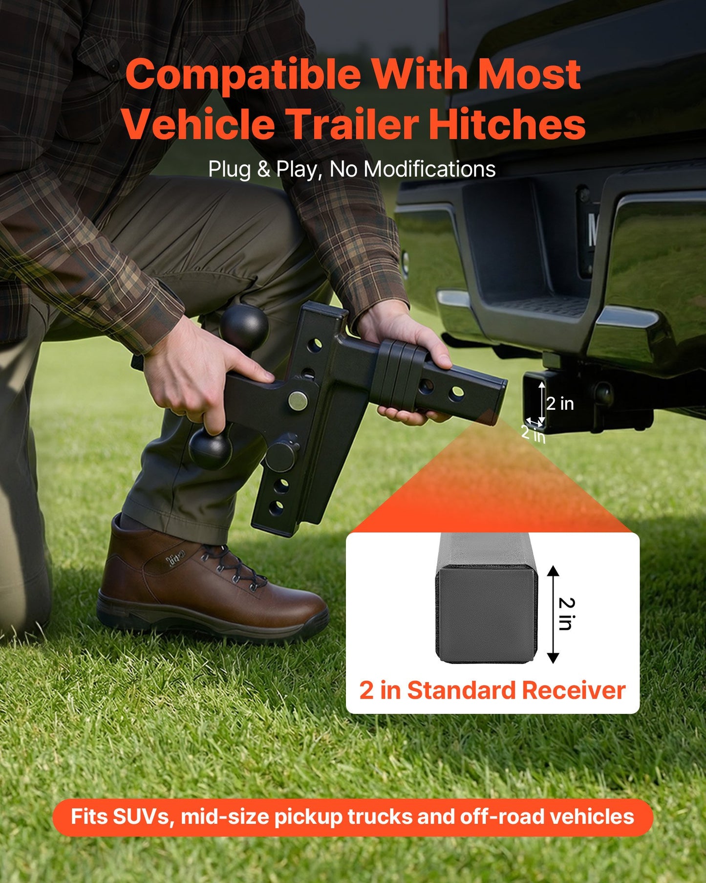 Adjustable Trailer Hitch Ball Mount for 2-Inch Receiver 15000 lbs Capacity - Black