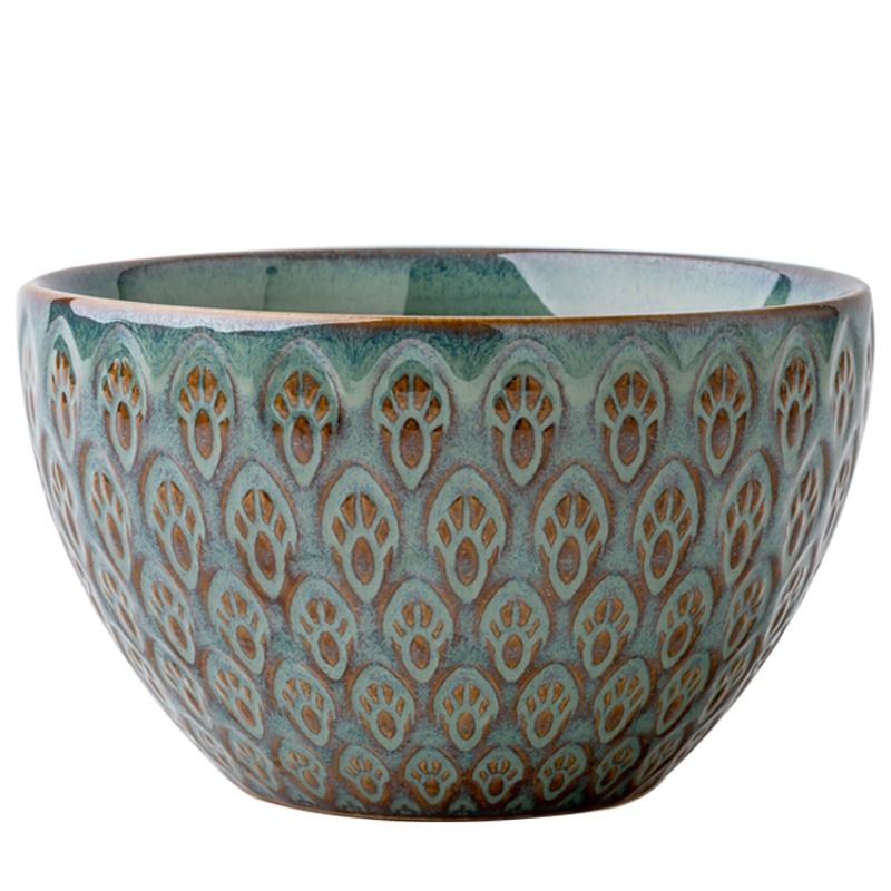 Ceramic Peacock Relief Rice Bowl Set - 5-Inch Kitchen Tableware