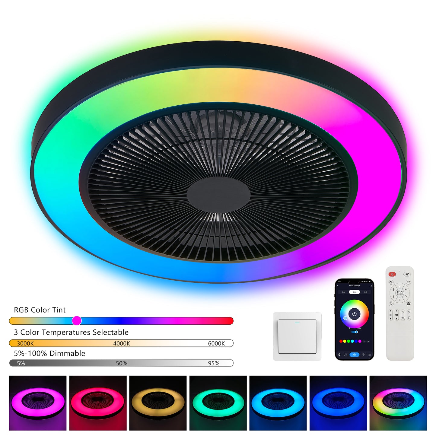 19-Inch Black Ceiling Fan Light with RGB LED & Remote Control