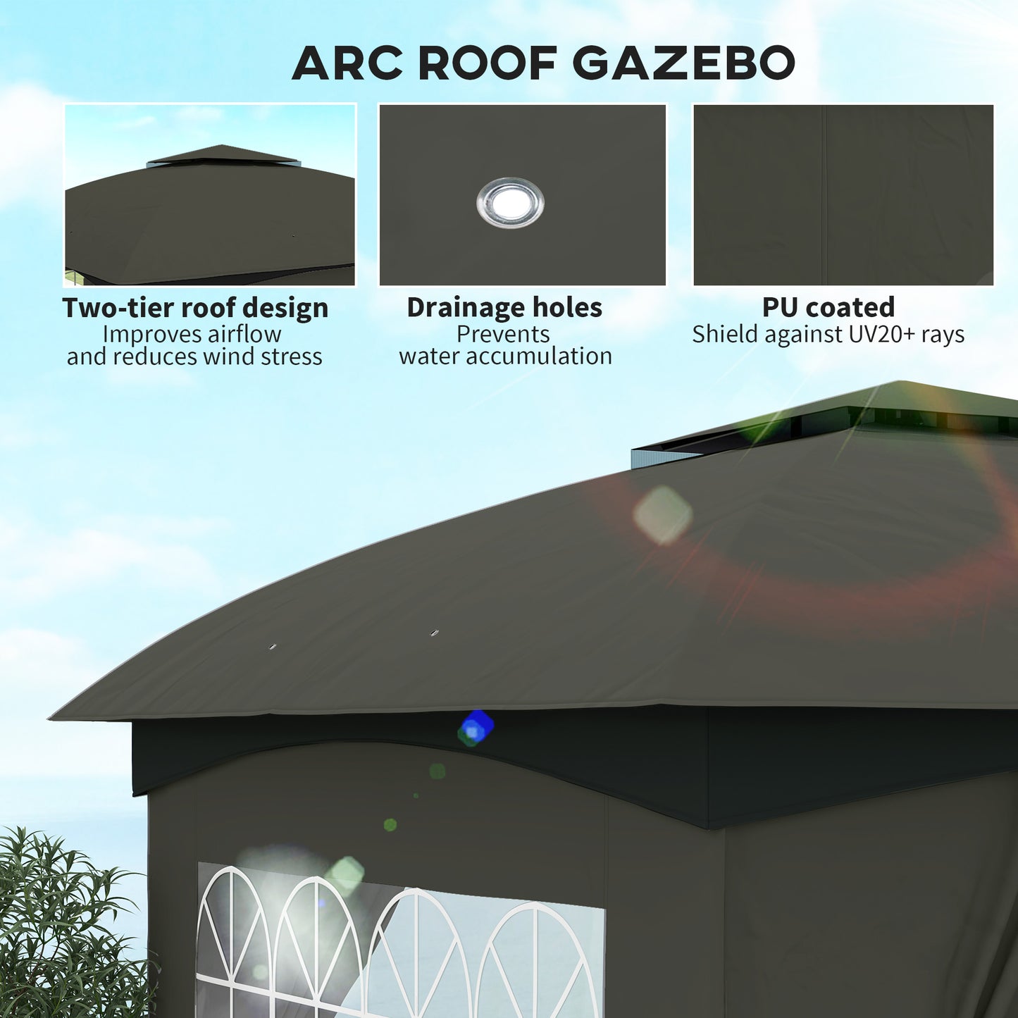 Outdoor Gazebo with Curtains & Church Windows - Dark Gray