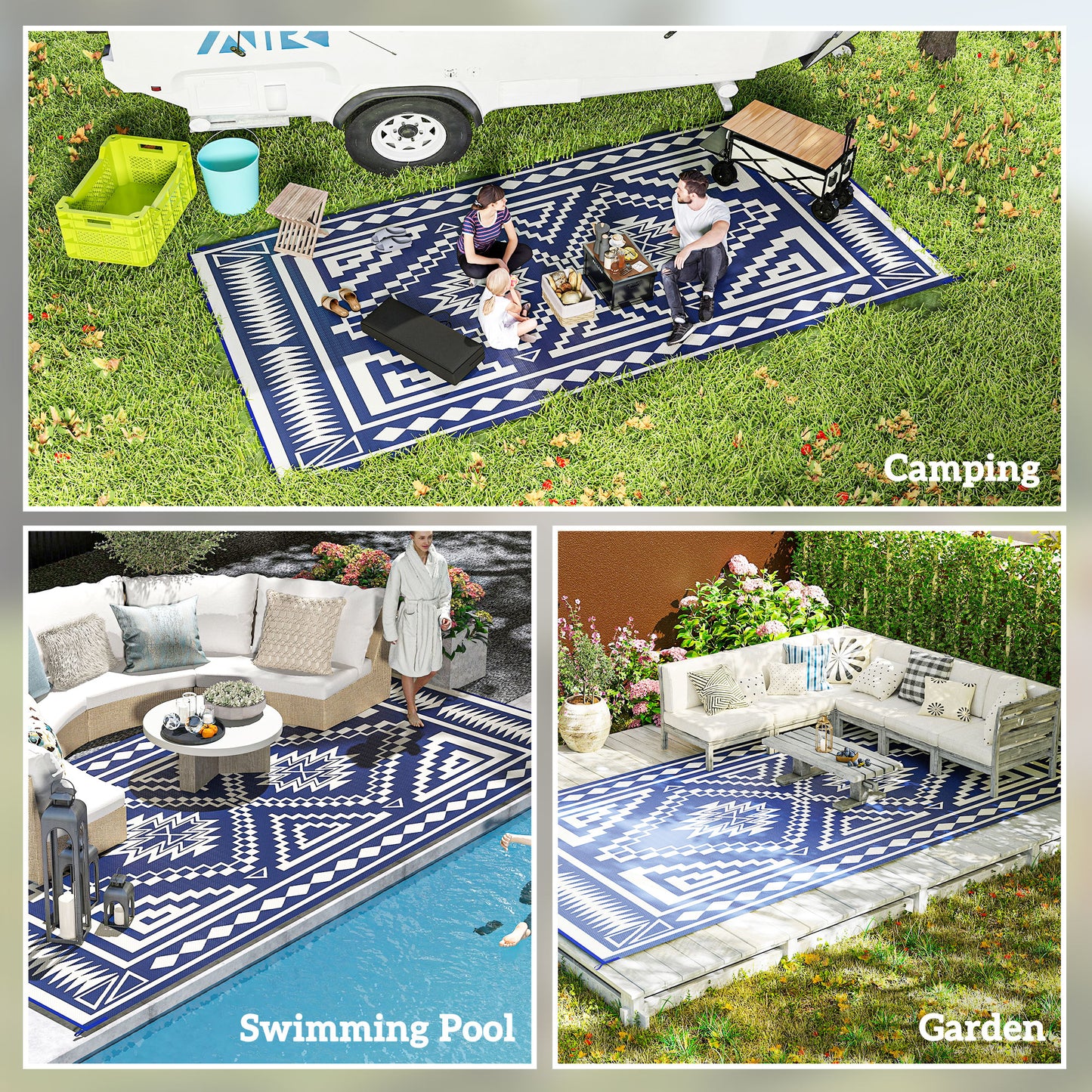 Reversible Outdoor Rug - Waterproof Plastic Straw, 9' x 18', Blue & White Patchwork