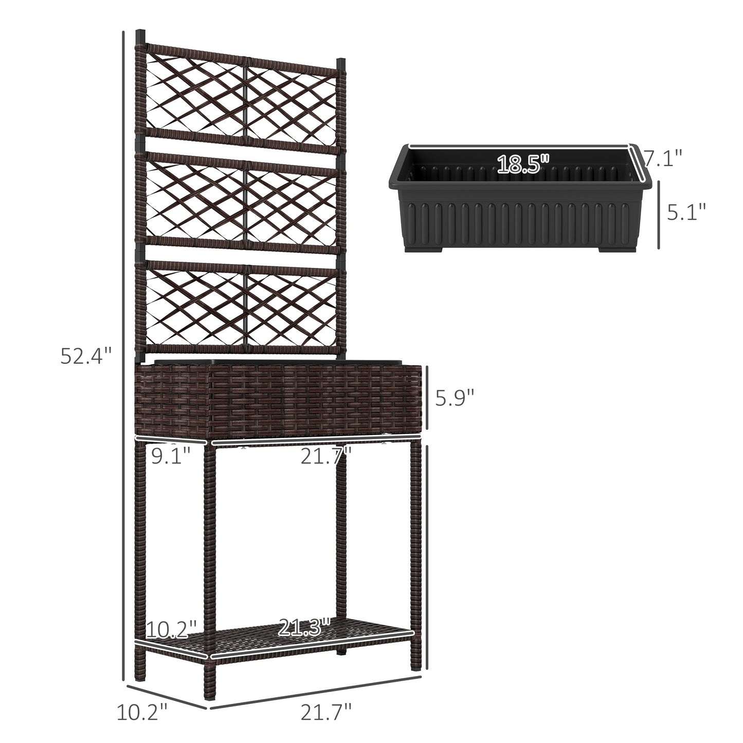 Outdoor Wicker Plant Stand with Trellis and Storage Shelf - Brown Garden Planter