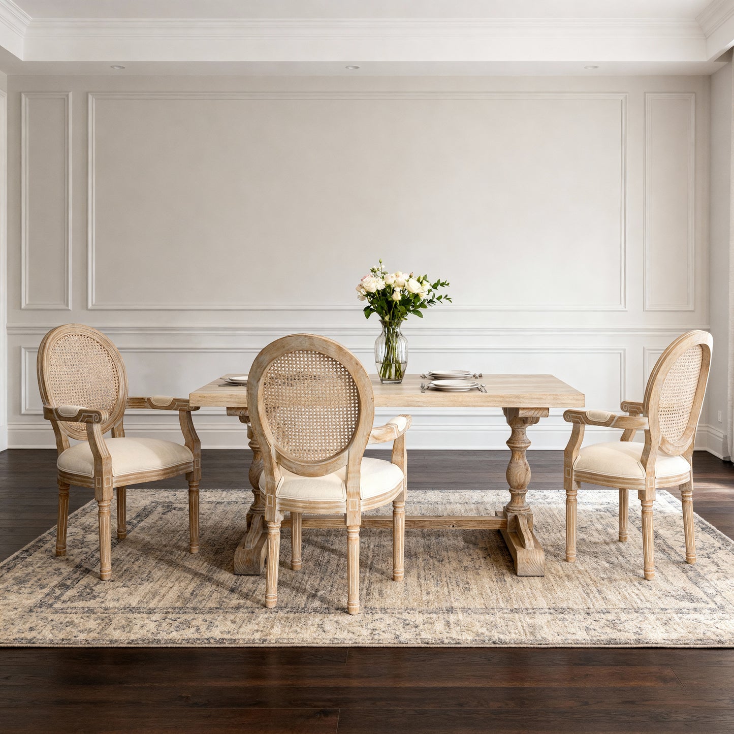 French Country Dining Armchair Set of 2 - Beige Upholstered Chairs