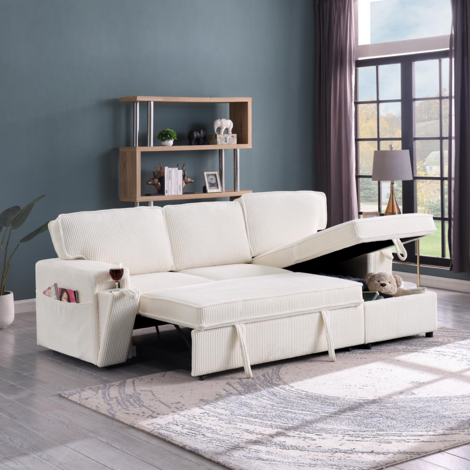 Upholstery Sleeper Sectional Sofa with Storage - Beige