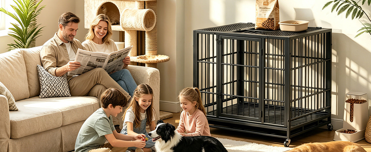 Heavy Duty Dog Crate with Lockable Wheels - Indoor Outdoor Metal Kennel, Perforated Top