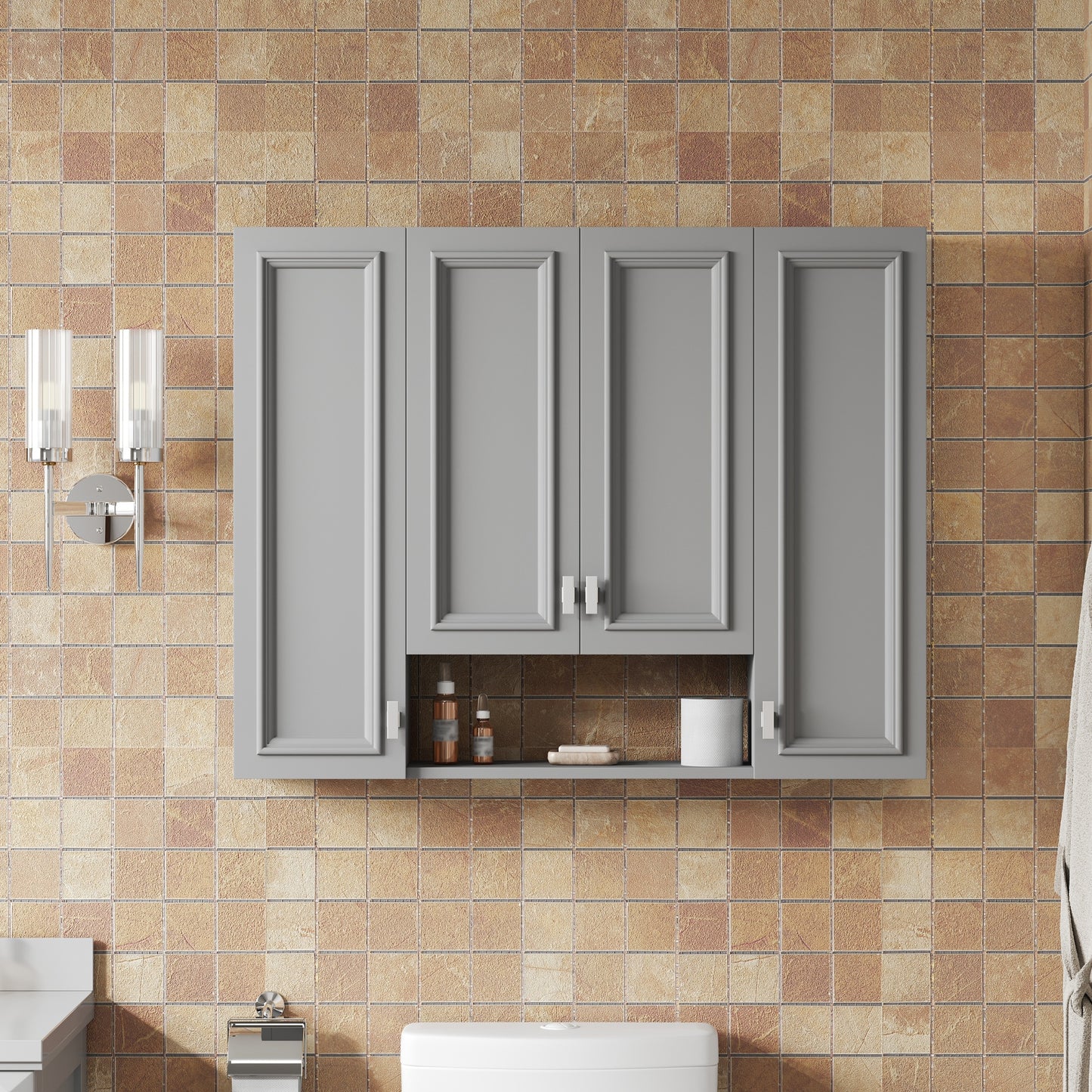Wall-Mounted Modern Bathroom Cabinet with 5 Adjustable Shelves - Gray