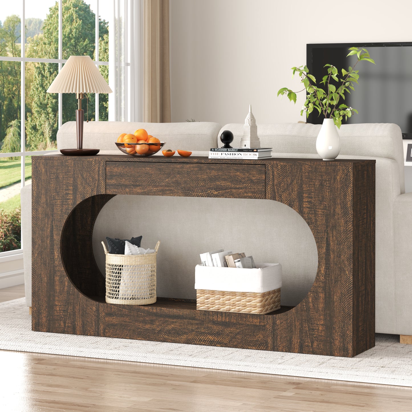 Narrow Walnut Wood Grain Console Table with Drawer - 63"