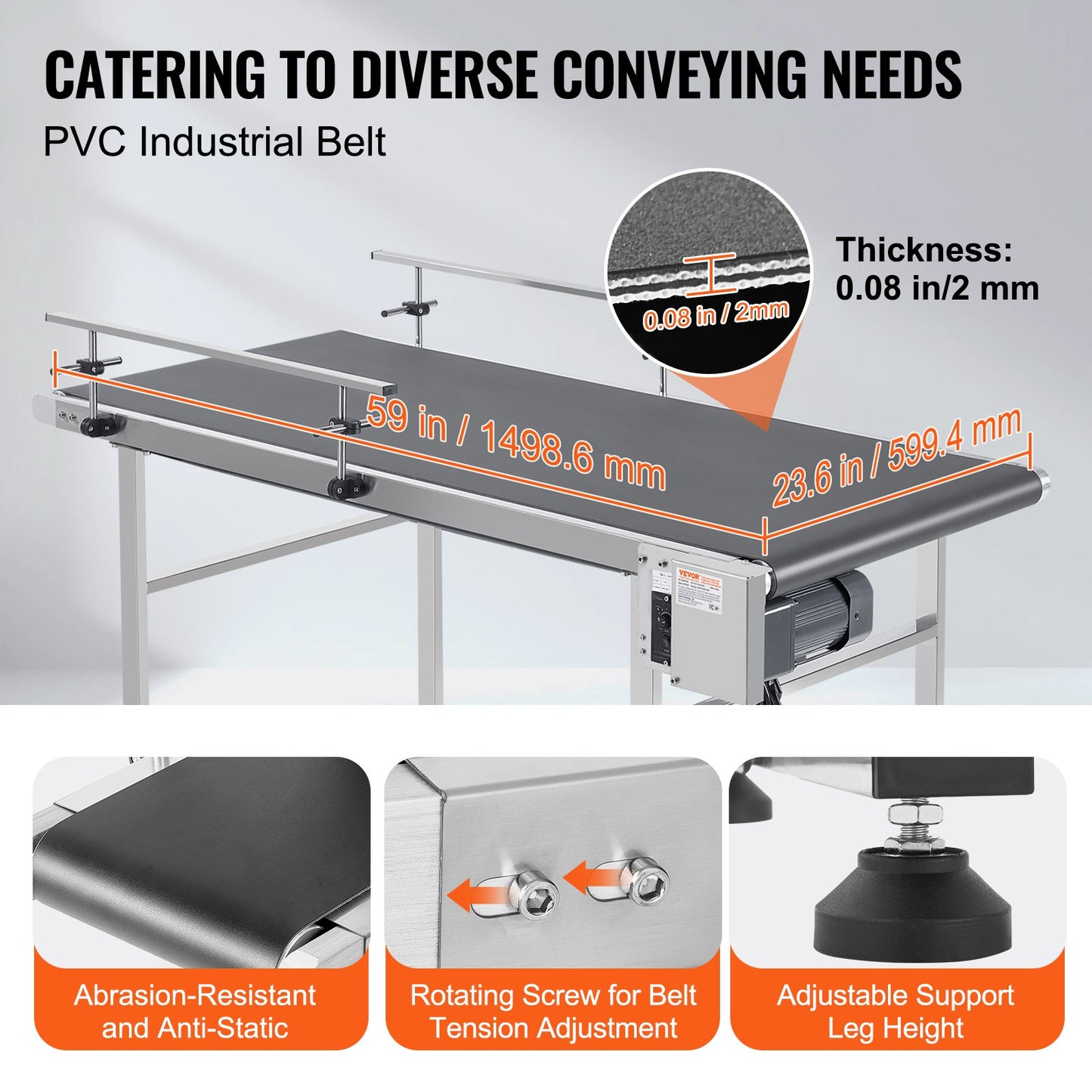 Heavy Duty Stainless Steel Belt Conveyor with Adjustable Speed - 59 x 23.6 Inch Industrial Belt Table