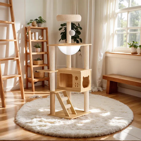 48.8-Inch Modern Wooden Cat Tree Tower with Scratching Posts & Hammock