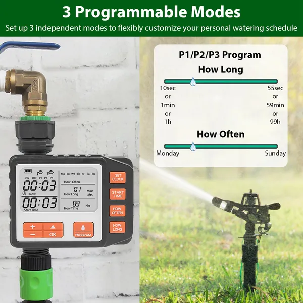 Garden Sprinkler Timer with 3 Watering Programs Digital Control Watering Schedule