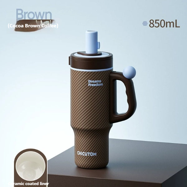 Large-Capacity Insulated Ceramic & Stainless Steel Travel Cup with Handle