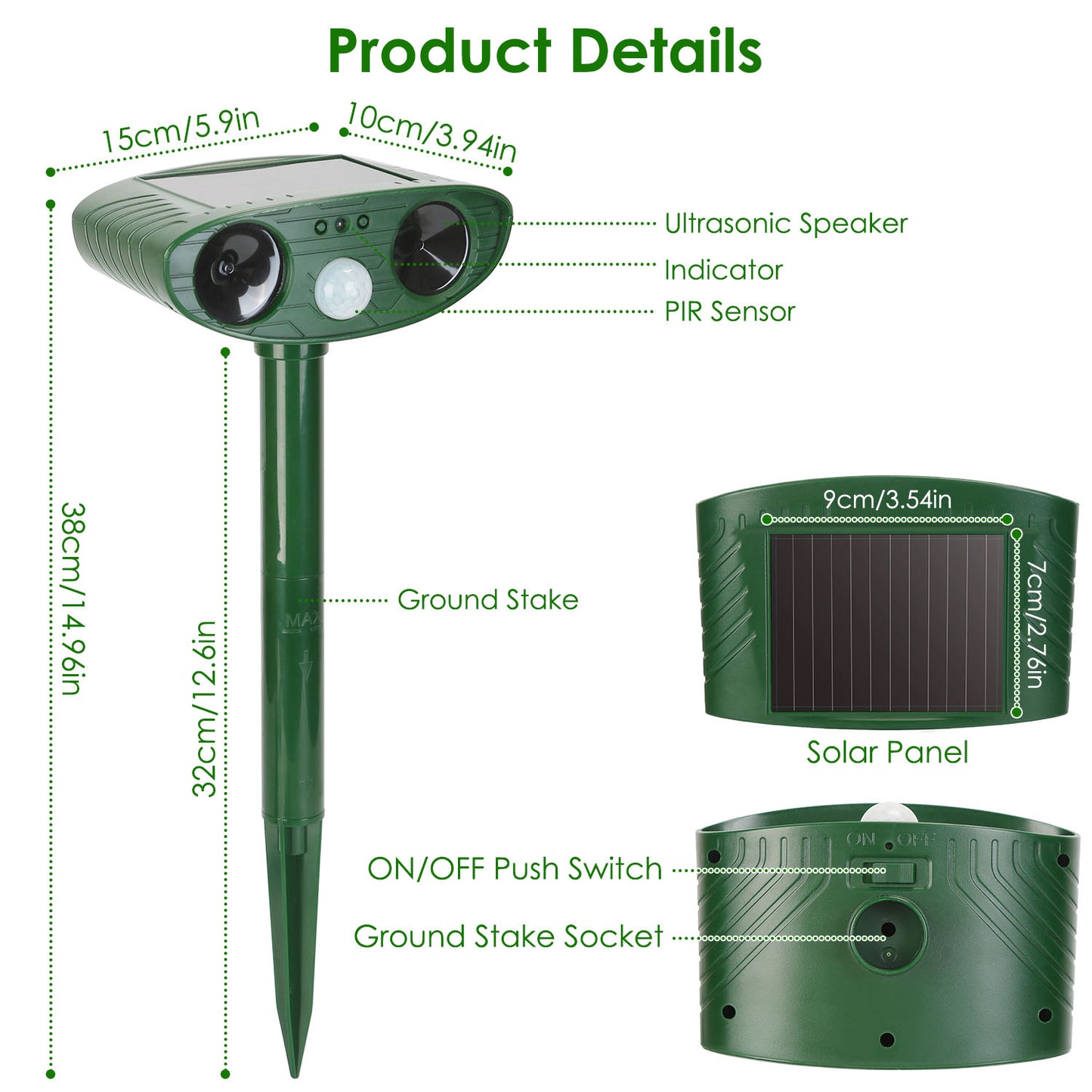 Solar Ultrasonic Animal Repeller with PIR Motion Sensor - Waterproof