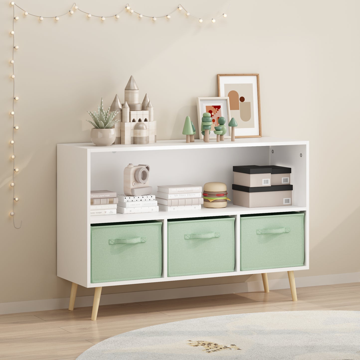 Kids Bookcase with Collapsible Fabric Drawers - White & Green