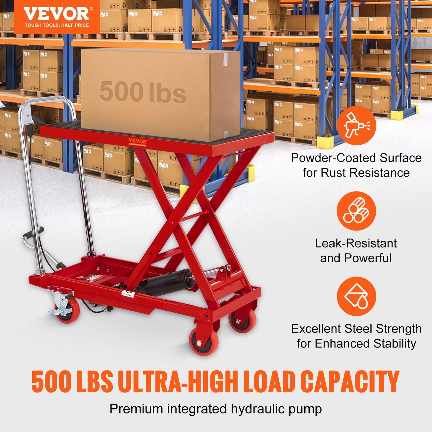 Hydraulic Lift Table Cart 500lbs Capacity with Non-slip Pad - Red
