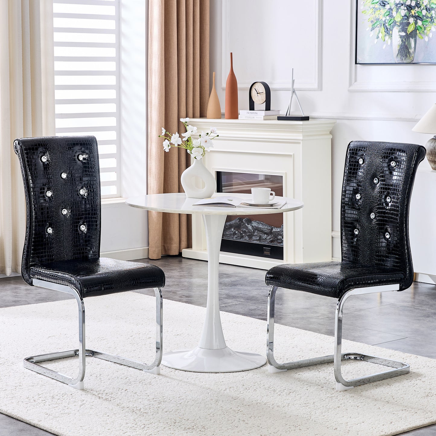 Set Of 2,Retro Alligator Skin Upholstered Dining Chairs,with Crystal