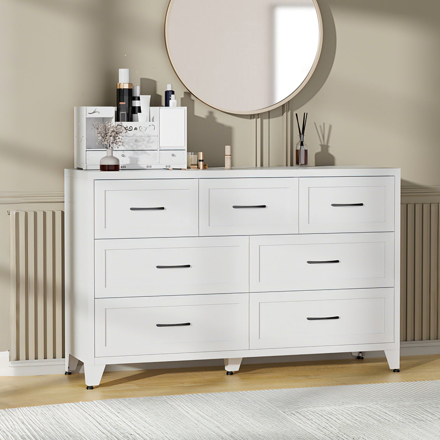 7-Drawer Dresser, Wide Low-Profile Storage Cabinet, White Metal Chest
