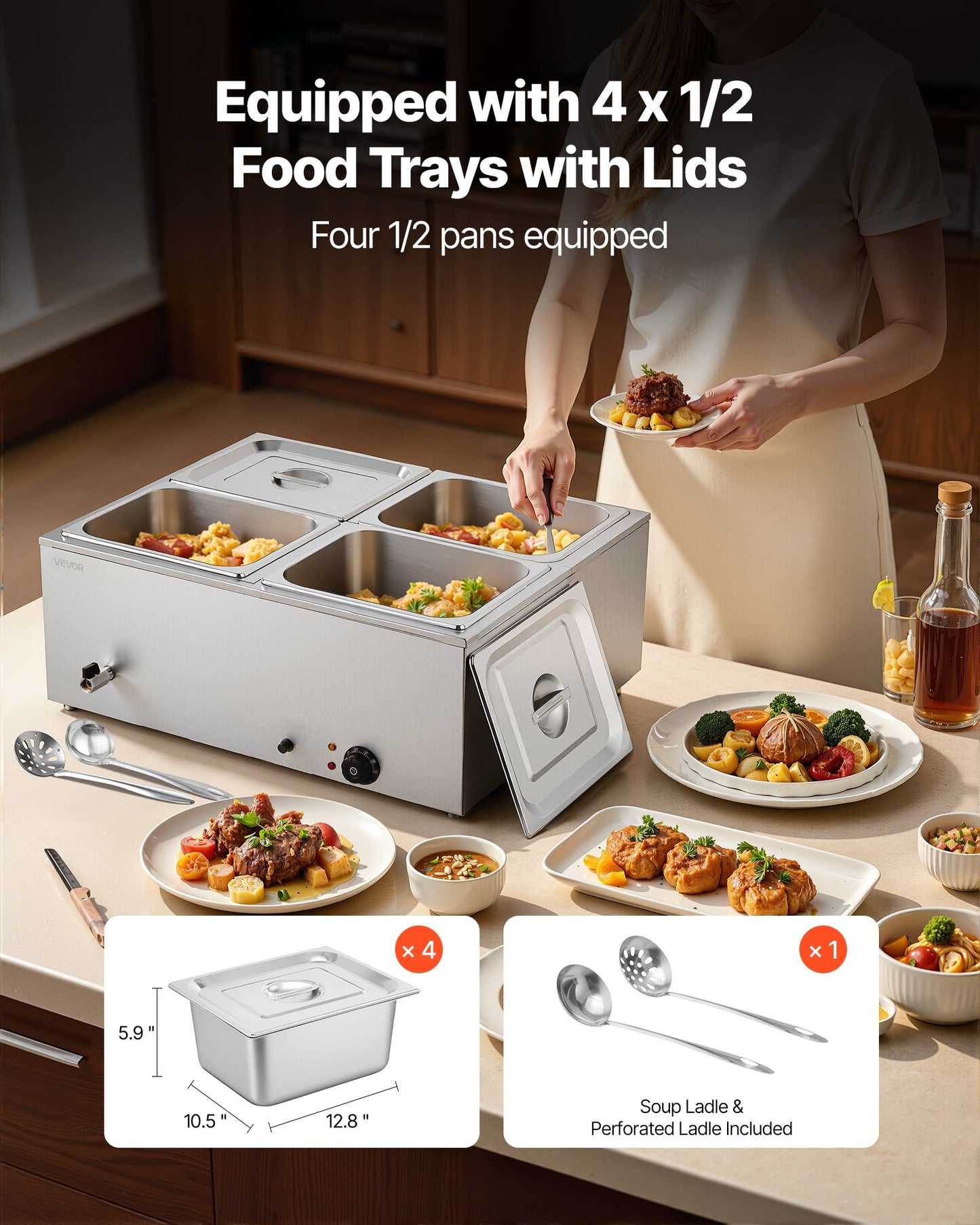 Commercial Food Warmer 4-Pan 1500W Countertop Buffet Bain Marie with Lid - Silver