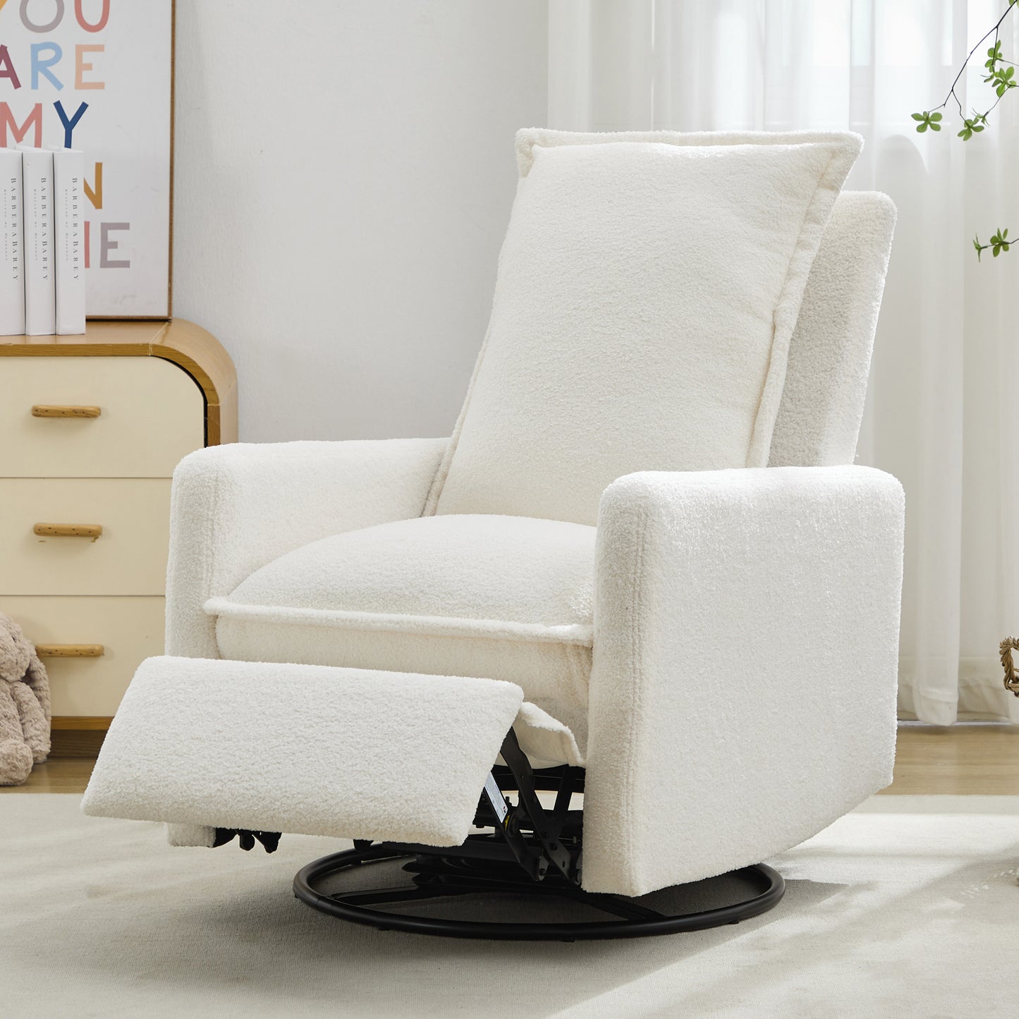 Swivel Rocker Recliner Chair - Teddy Fleece in White