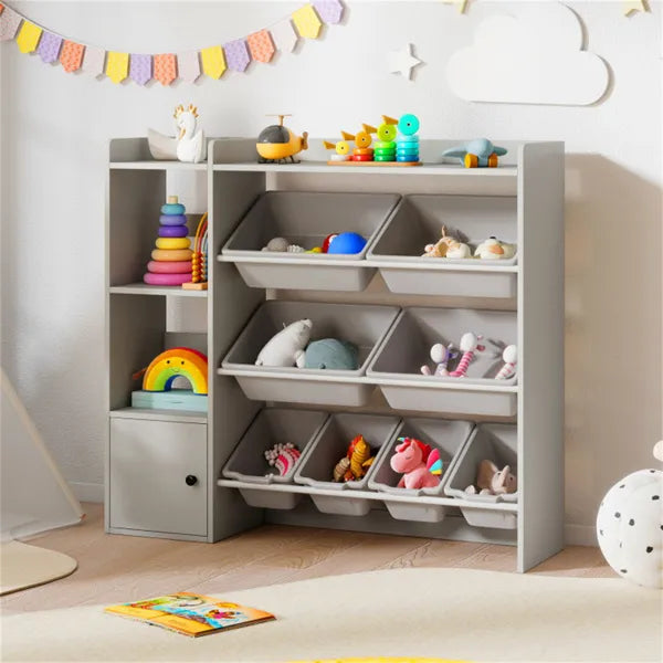 Kids Toy Organizer (Grey) - 44"x12"x39.5", 8 Storage Boxes, Open