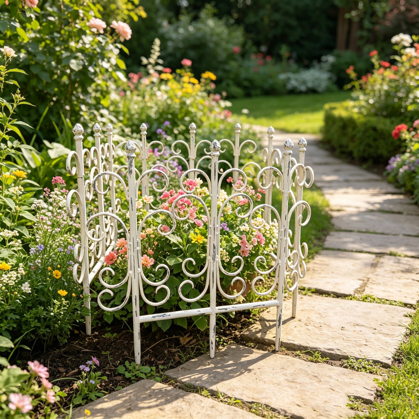Antique White Iron Garden Fence Panels - Decorative Trellis Set