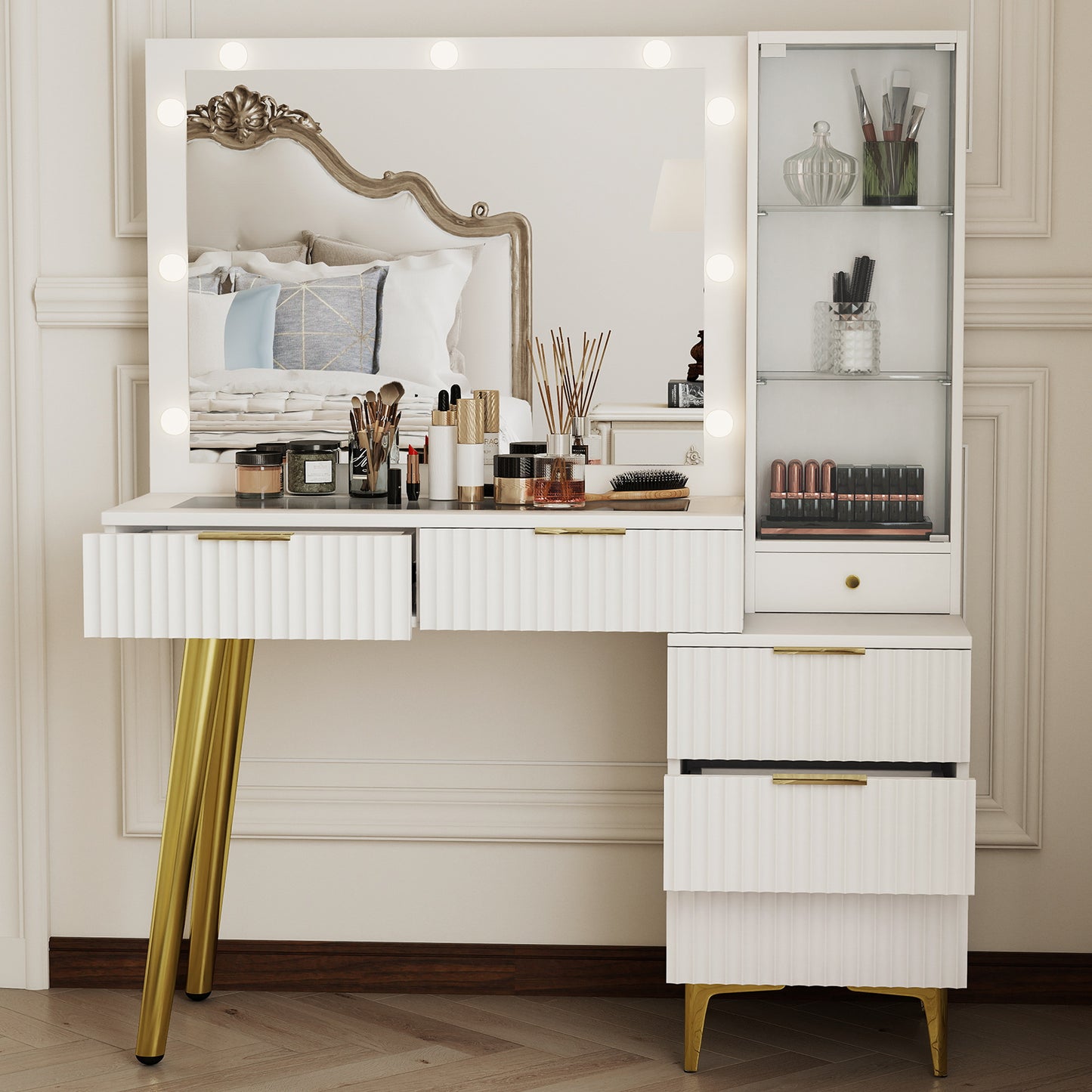 Fluted Vanity Desk With Mirror Glass Top Makeup Table 5 Drawers Power